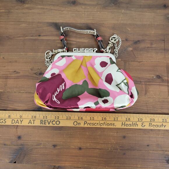 Guess Satin Handbag Small Purple Pink Floral Spell Out Alligator Leopard Chain - Picture 9 of 10